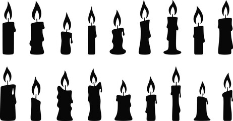 Burning candle silhouettes, wax candle collection, glowing flame illustration, candlelight vector design, spiritual symbol artwork, black candle shapes, religious decorative elements