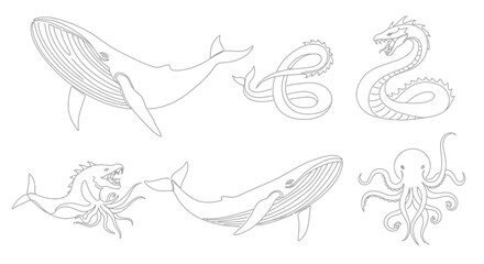 Diverse Marine Life Line Art Whales, Dragons, and Octopuses Collection