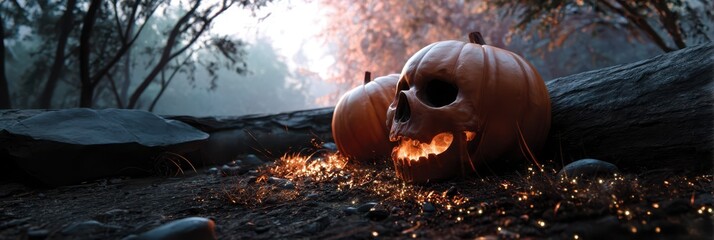 Creepy Halloween pumpkin with skull face glowing in forest