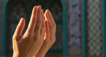 Hands raised in devotion against an exquisitely adorned architectural backdrop