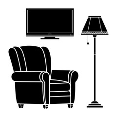 Vector illustration of a living room setup with a television armchair and floor lamp design on transparent background
