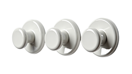 Set of three glossy white ceramic wall knobs for hanging and decoration on an isolated background 
