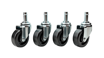 Set of four heavy-duty swivel caster wheels with metal brackets for furniture and equipment on an isolated background 