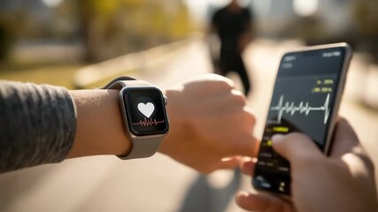 Smartwatch displaying heart rate data on wrist while runner checks fitness app on smartphone, showcasing modern technology in health and fitness tracking outdoors - Powered by Adobe