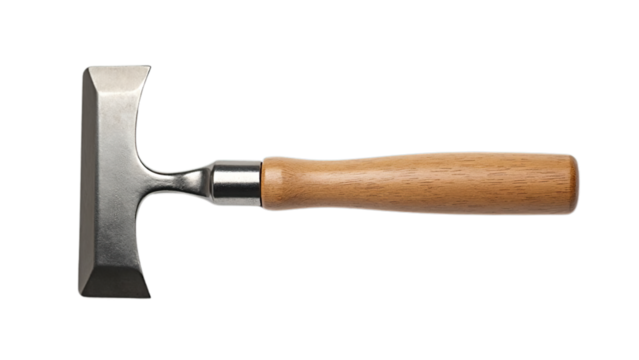 Woodworking gouge chisel with wooden handle and sharp angled blade for carving and shaping on an isolated background 