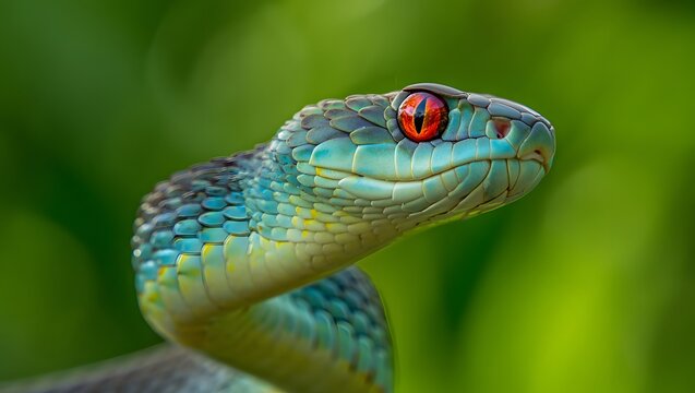 Close up of a trimeresurus insularis snake with vibrant red eyes and blue scales and green background