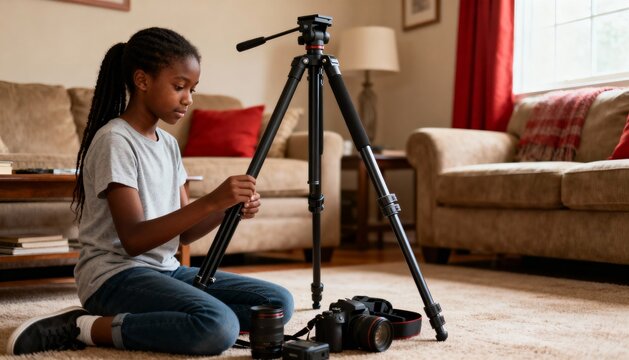 Black teenage girl setting up camera tripod in cozy living room with soft natural light and relaxed