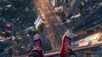Feet in red sneakers on skyscraper edge, high-angle view overlooking a vibrant, bustling city street at dusk.
