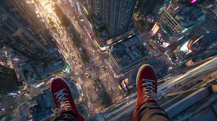 High-angle view of feet in red sneakers overlooking a bustling city at sunset from a skyscraper rooftop.