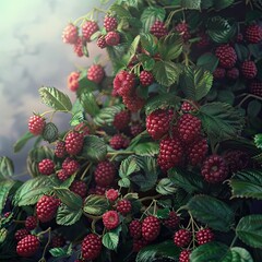 A close up view of a raspberry bush filled with ripe raspberries and green leaves in natural light setting