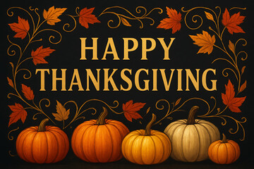 Happy thanksgiving day, decorative black background with rich autumn vine scrollwork, maple leaves, and a horizontal line of orange and cream heirloom pumpkins