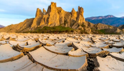 Dried cracked earth foregrounds rugged sandstone rock formations