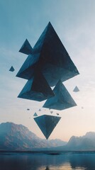 Abstract geometric pyramids floating in a surreal landscape with mountains and a lake at sunset