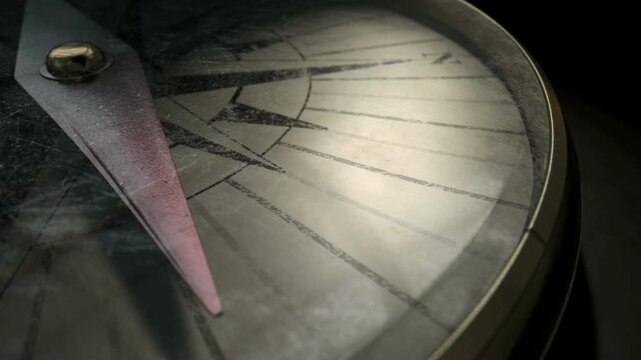 Closeup on a compass pointing direction. Old compass. Macro shot, shallow focus. Travel, geography, navigation, tourism and exploration concept background. Closeup of compass navigation tool.