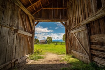 Naklejka premium View from inside rustic barn towards sunny countryside field