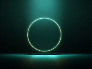 Luminous Cyan Neon Light Ring on Dark Reflective Stage. Minimalist 3D Rendered Abstract Background with Glowing Circle and Spotlight.