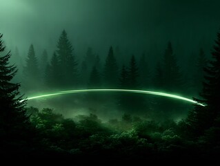 Dark mysterious forest landscape with a glowing green neon light arch spanning through misty pine trees at night, digital art illustration.