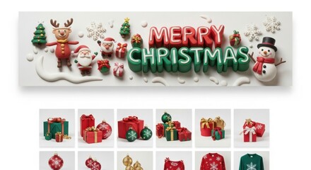 Fototapeta premium Merry christmas banner with a snowman and reindeer