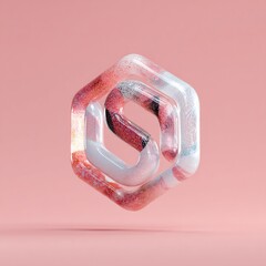 Abstract 3D Render of a Geometric Hexagonal Shape with a Fluid S-Curve Inside, Featuring Speckled Red and White Particles on a Soft Pink Background