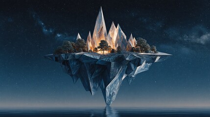 Surreal floating island with glowing crystal mountains, pine trees, and starry night sky reflected on calm water.