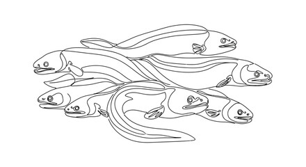 Fototapeta premium Dynamic School of Eels Swimming Together in Clear Water, Illustration, Underwater Scene, Aquatic Life, Nature Concept