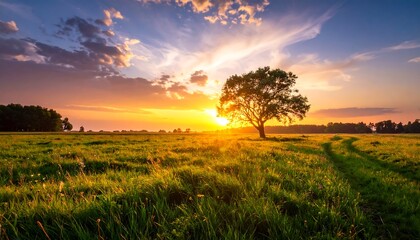 Solitary tree silhouetted against vibrant sunset over grassy field