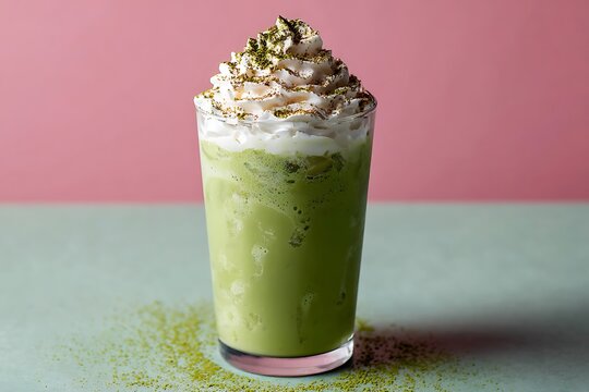 A matcha ice cream shake topped with whipped cream, matcha powder dusting, and a pastel bamboo green background