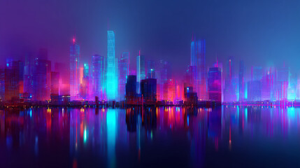 Fototapeta premium Cityscape at night with colorful neon lights reflected in calm water surface