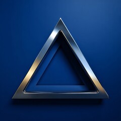 Abstract 3D rendered metallic silver triangular frame with a reflective surface on a deep blue background, showcasing modern geometric design and depth.