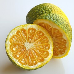 Close up of two ugli fruit, one whole and one cut in half, showing the juicy orange segments inside