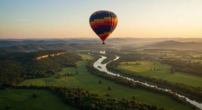 Colorful hot air balloon flying over a serene green valley with a winding river at golden hour