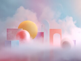 Abstract geometric pastel shapes including spheres, arches, and rectangles, shrouded in mist, creating a serene, dreamy landscape.
