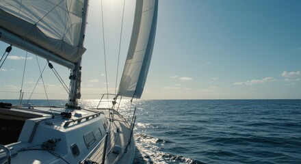 Sailboat cruising on vast open ocean water under a bright sunny blue sky with white sails