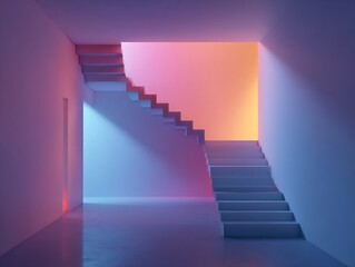 Abstract Modern Architecture with Staircase and Vibrant Gradient Neon Lighting