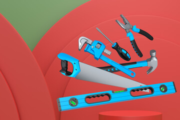 Construction tools and safety equipment floating over podium on abstract background, industrial work and protection concept