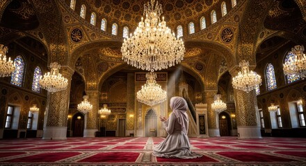 Woman in contemplative prayer inside a resplendent mosque adorned with chandeliers