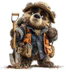 Brown Bear Archaeologist with Shovel Discovery Mascot in Standing Pose on White Background