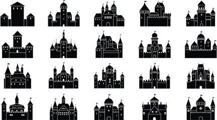 Fototapeta premium Castle silhouette collection, medieval fortress icons, fantasy architecture, black vector castles, tower illustration set, royalty theme, graphic design asset