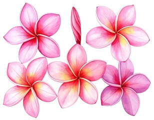 Naklejka premium Six vibrant plumeria blossoms in various shades of pink and light purple, displayed against a white background, showing detailed petal textures