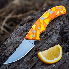 Close up of a knife with an orange and yellow handle and a lemon slice on a wooden surface outdoors