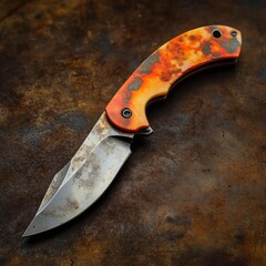 Close up of a folding knife with an orange and gray handle on a dark textured metal surface shown clearly