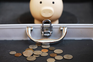 Piggy Bank and Coins with Briefcase Lock Symbolizing Financial Security and Savings Strategy