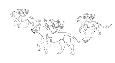 Mythical Three-Headed Dog Running in Action, Fantasy Illustration, Whimsical Environment, Dramatic Viewpoint