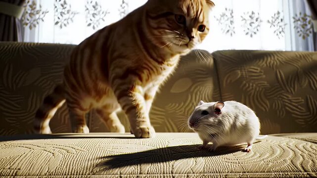 Ginger and White Scottish Fold Cat Staring at White Mouse on Tan Couch in Bright Room a Playful Scene Between Feline and Rodent Capturing Curiosity and Interaction Under Sunlight