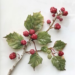 A close up shot of a branch with green leaves and red raspberries on a white background in a studio setting