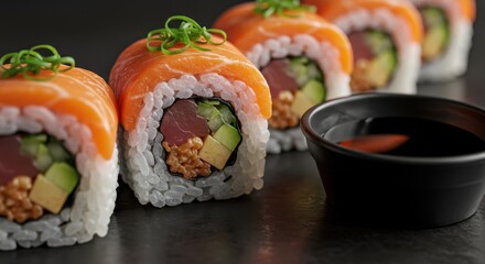 Fresh salmon and tuna sushi rolls with avocado and tempura flakes served with soy sauce