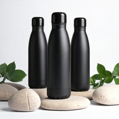 Black water bottles set on stones with green foliage