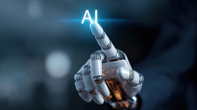 Robotic finger touching glowing AI text on a futuristic interface