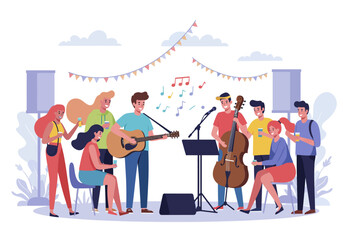 Musical band performing for crowd at outdoor festival. Suitable for event promotions, music blogs, and concert advertising materials.