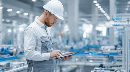 Male engineer in hard hat using tablet in modern factory.